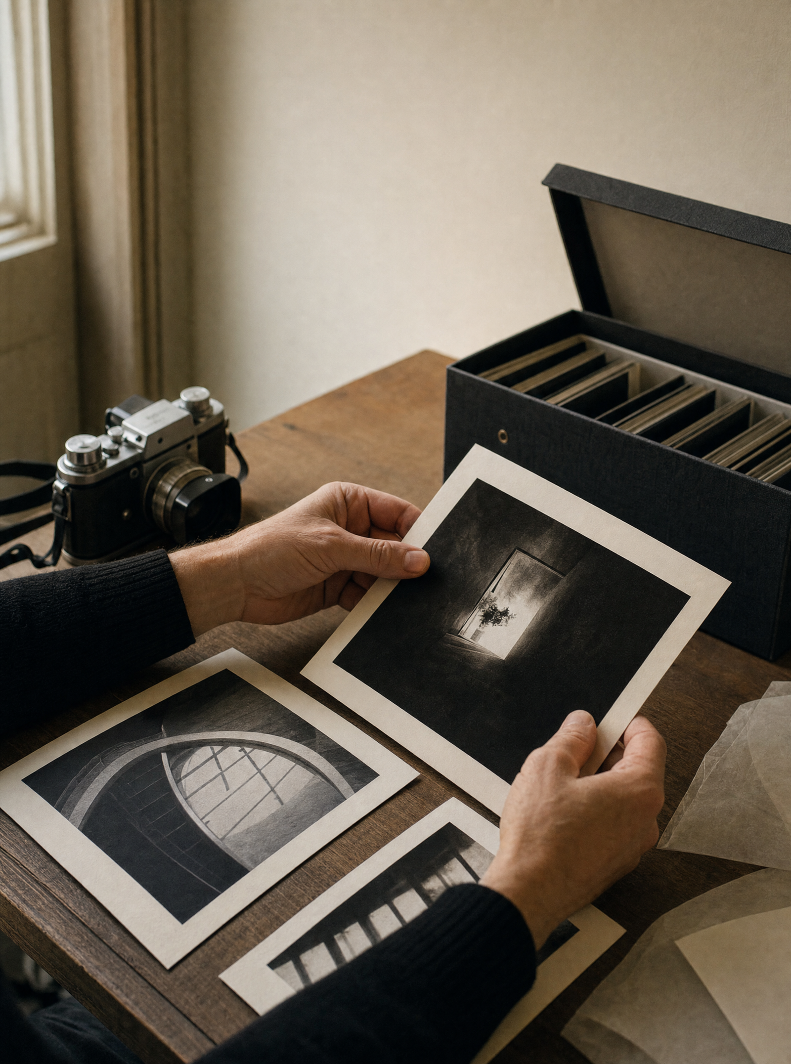 Hände ordnen Fotografien neben einer Kamera