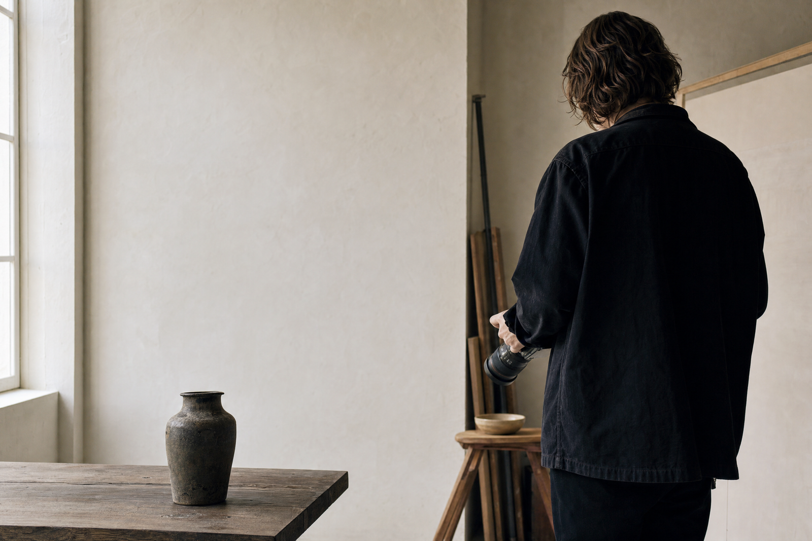 Fotograf von hinten bei der Arbeit in einem hellen Studio